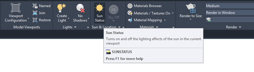 Sun Settings Ribbon in AutoCAD 2016